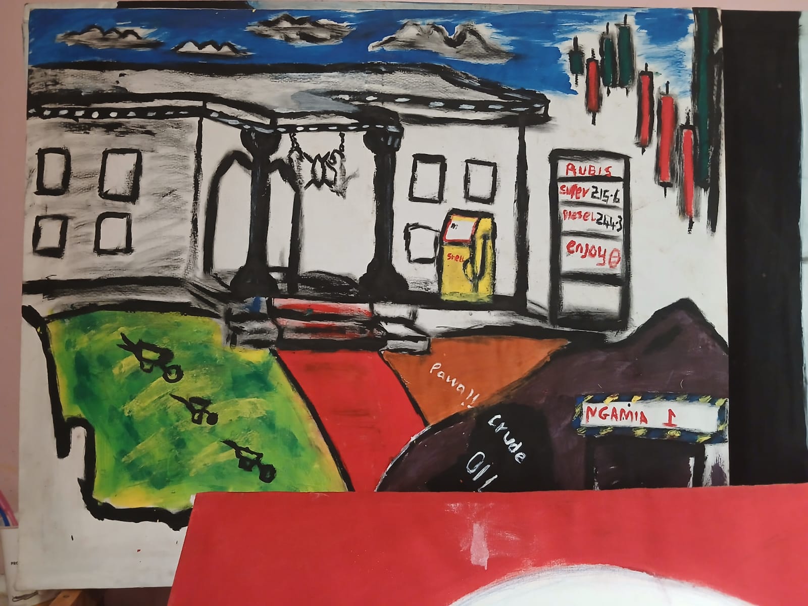 Acrylic painting of a Rubis fuel station under a sky of stock-market candlestick charts, with a Ngamia 1 sign and toppling oil derricks
