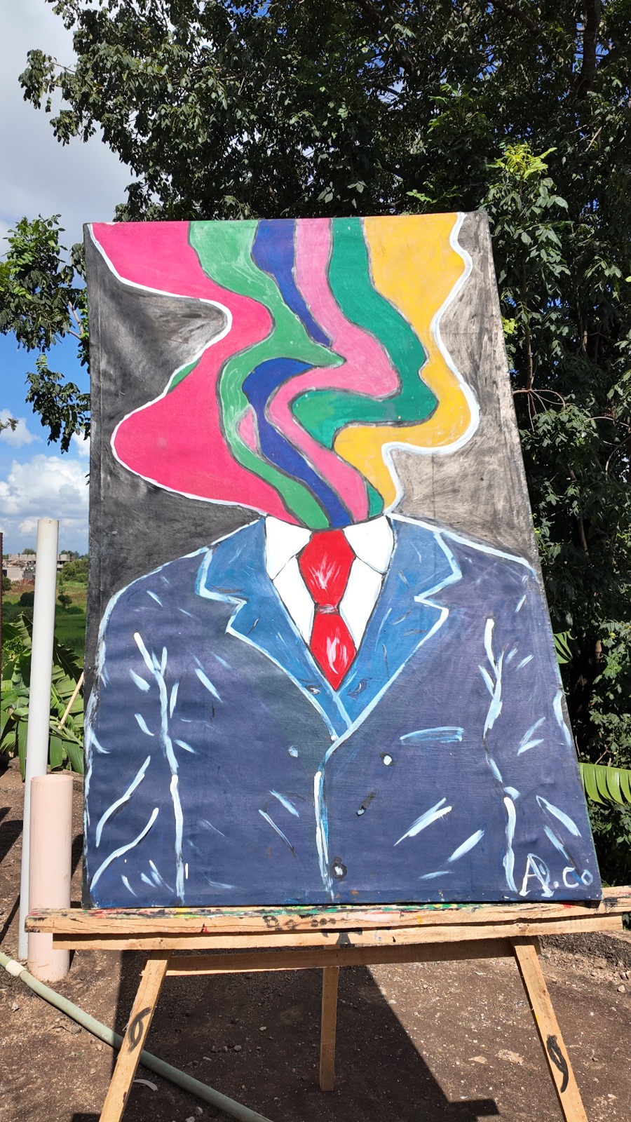 Painting of a suited figure whose head is replaced by streaks of rainbow color