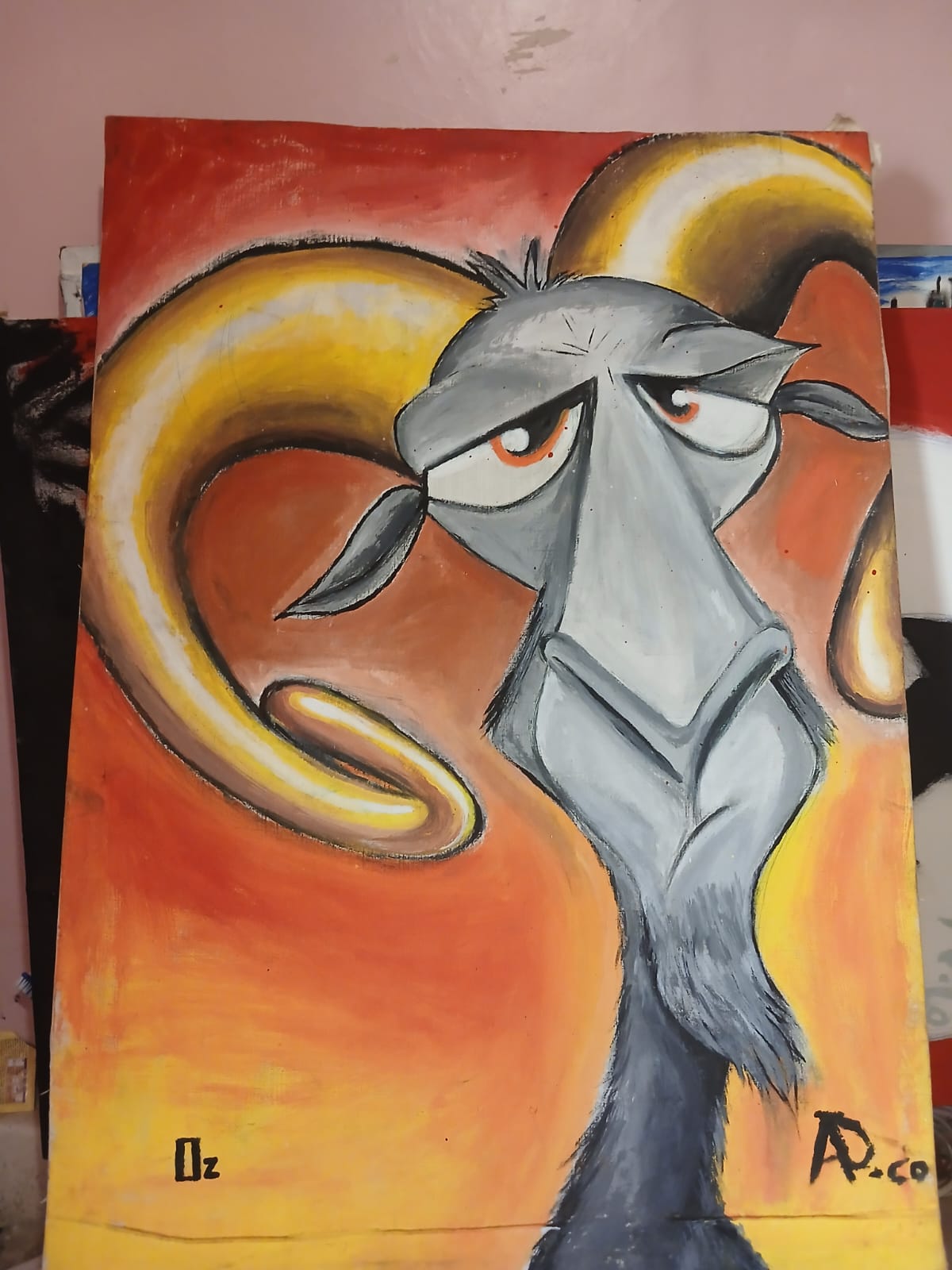 Cartoon-style acrylic painting of a grey goat with curled yellow horns and half-closed orange eyes against a red and gold background