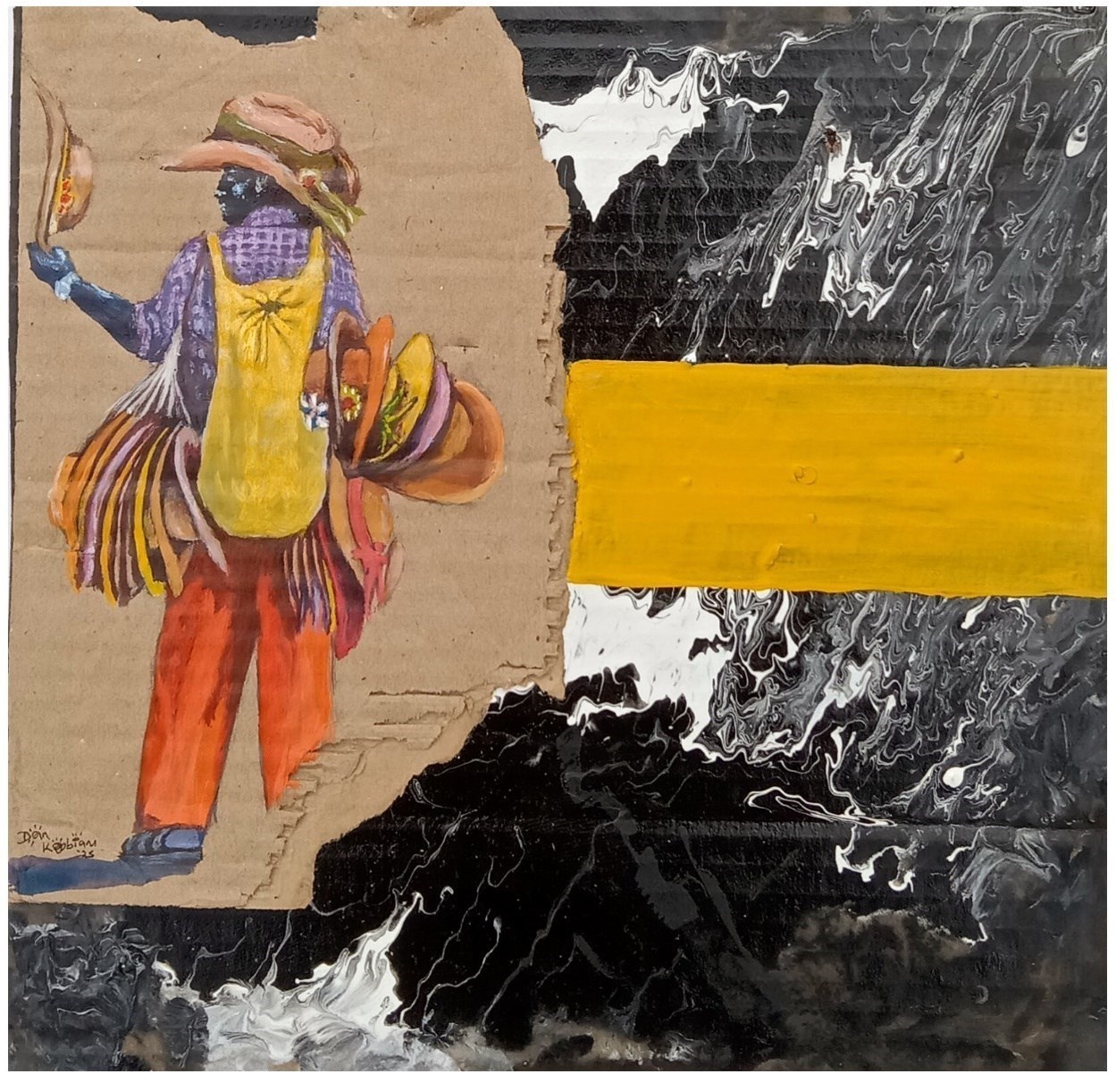 Acrylic painting on torn cardboard of a hat vendor carrying an armful of hats, against a black-and-white marbled background with a yellow band