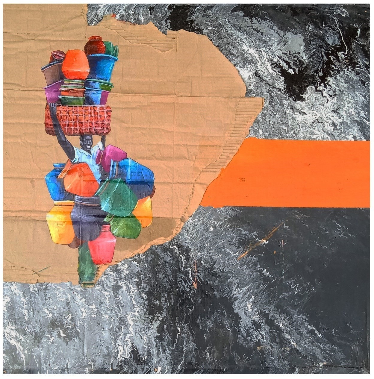 Acrylic painting on torn cardboard of a smiling vendor carrying a large stack of colourful plastic pots, against a black-and-white marbled background