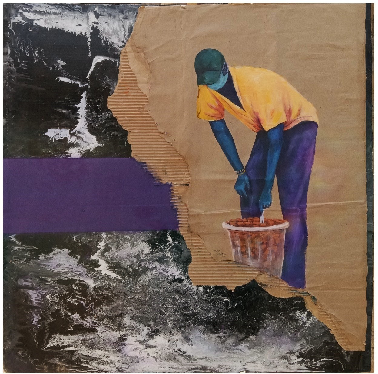 Acrylic painting on cardboard of a street vendor tending a basket of fried mahamri dough
