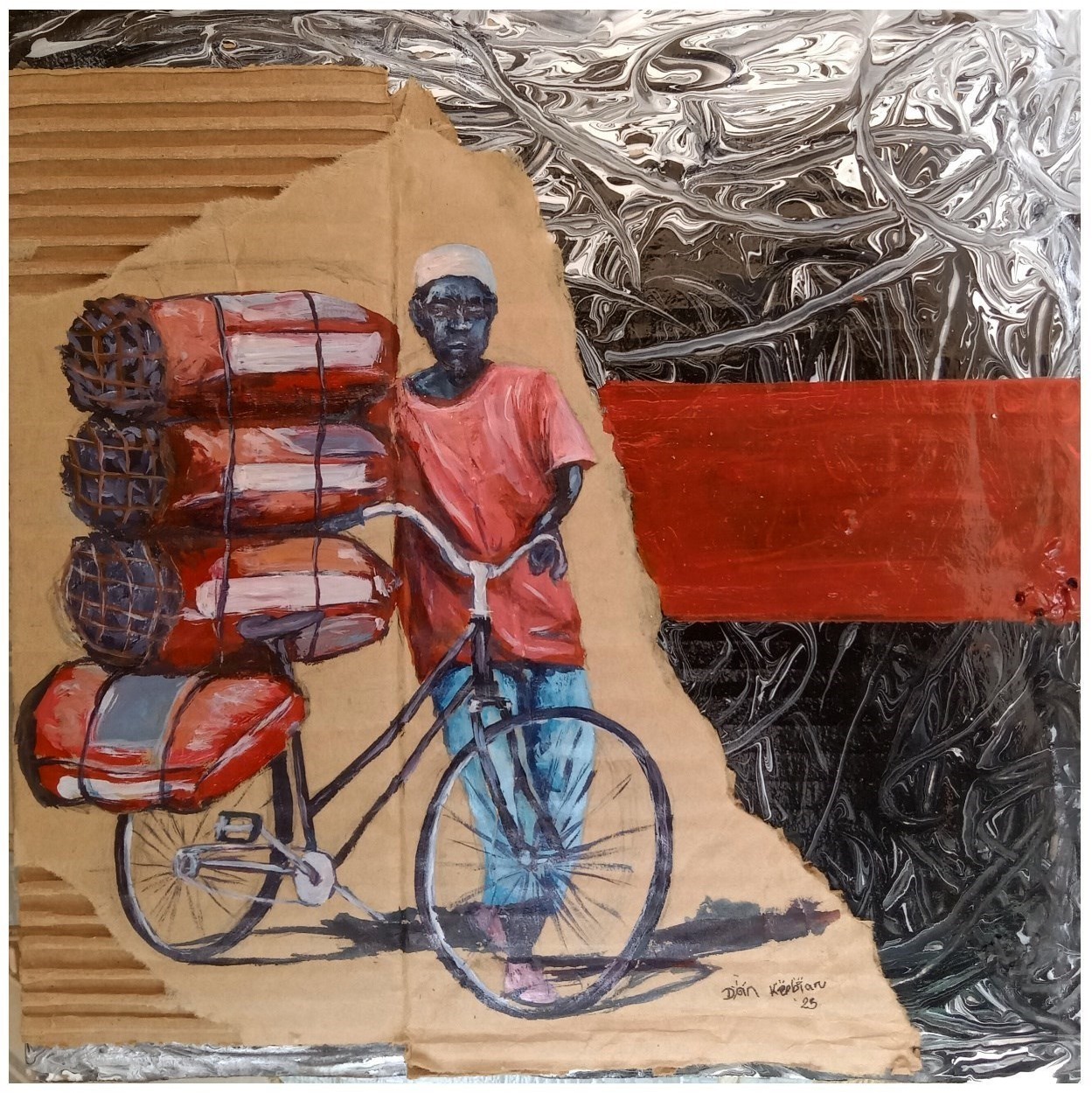 Acrylic painting on torn cardboard of a man beside a bicycle loaded with sacks of charcoal, against a marbled silver background with a red band