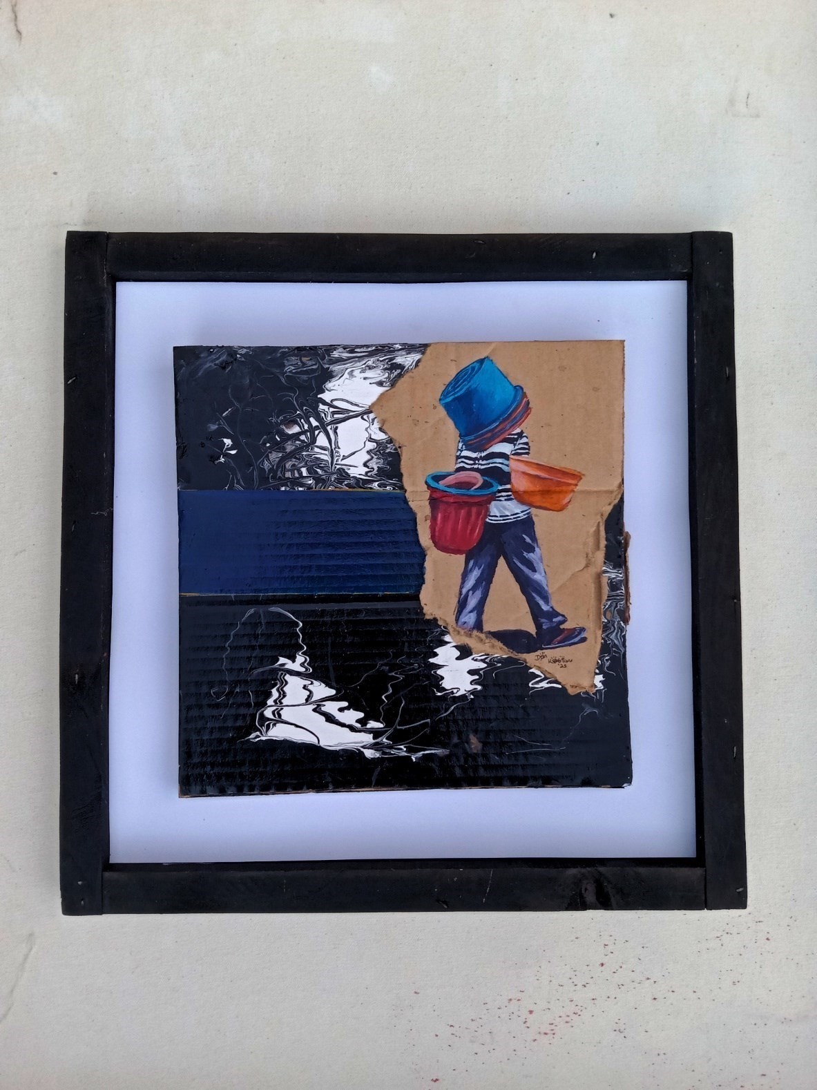 Acrylic painting on torn cardboard of a man carrying stacked plastic basins on his head, against a black-and-white marbled background