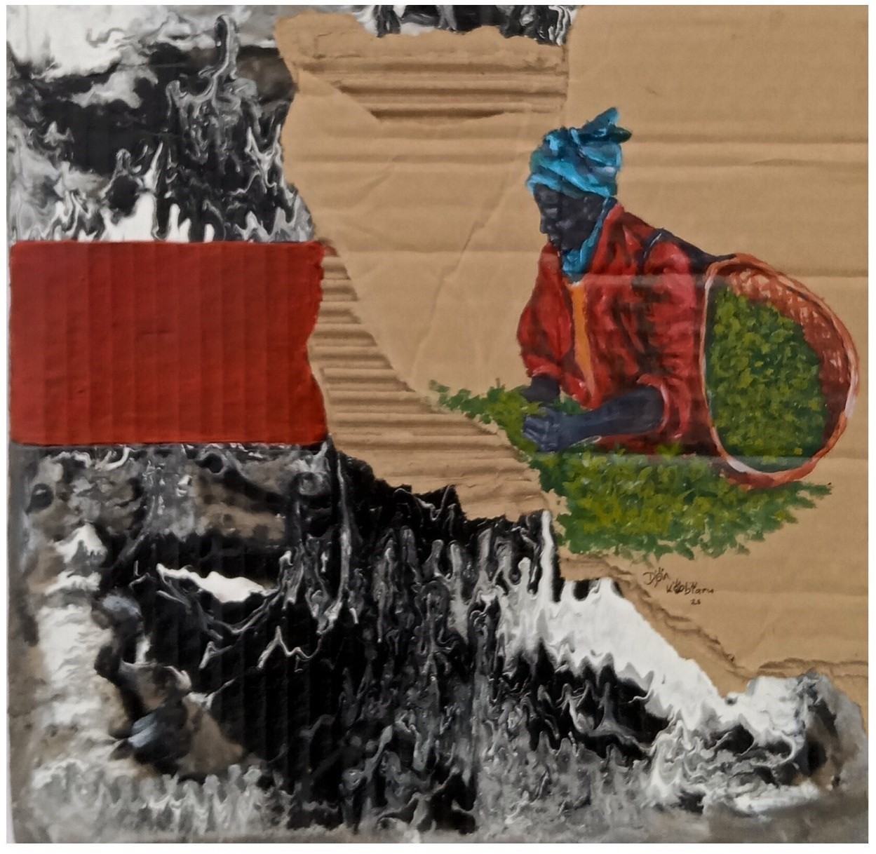 Acrylic painting on cardboard of a tea picker in a red jacket harvesting tea leaves into a basket