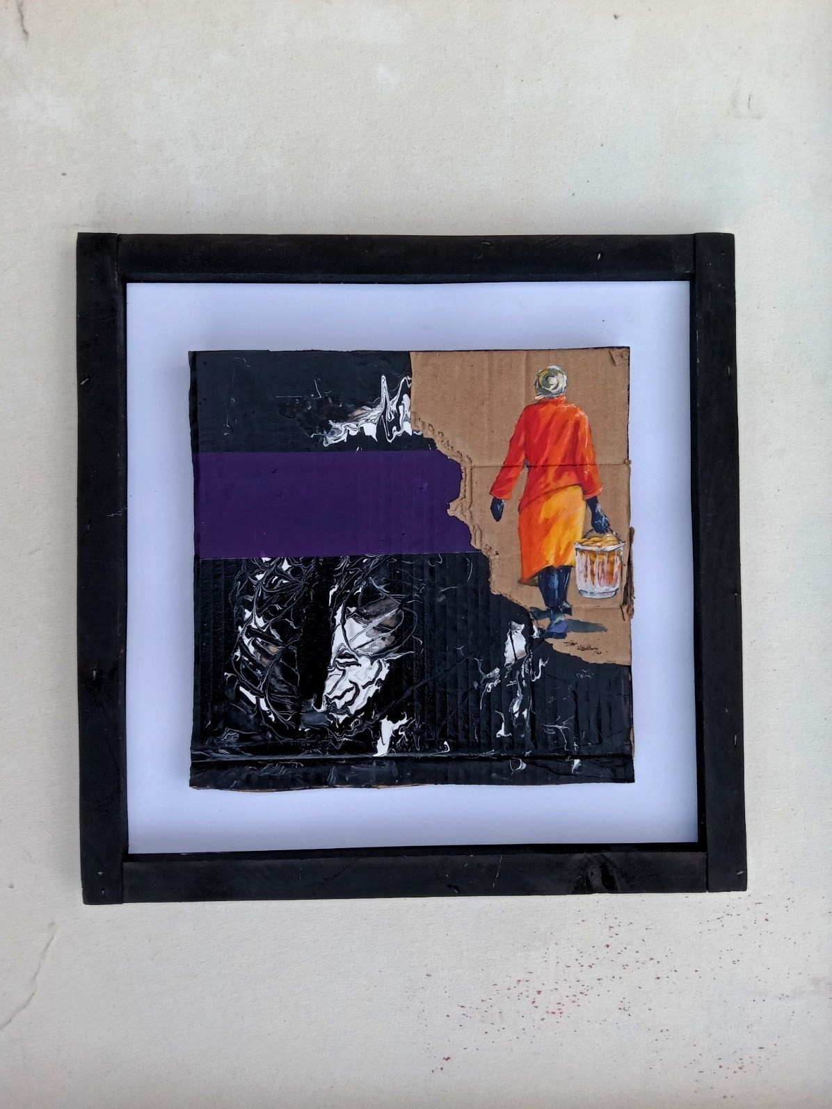 Acrylic painting on torn cardboard of a woman in orange robes carrying a bucket of mahamri, seen from behind, against a black-and-white marbled background