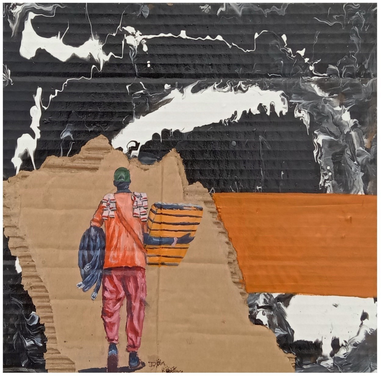 Acrylic painting on torn cardboard of a worker carrying a crate on his shoulder, seen from behind, against a black-and-white marbled background