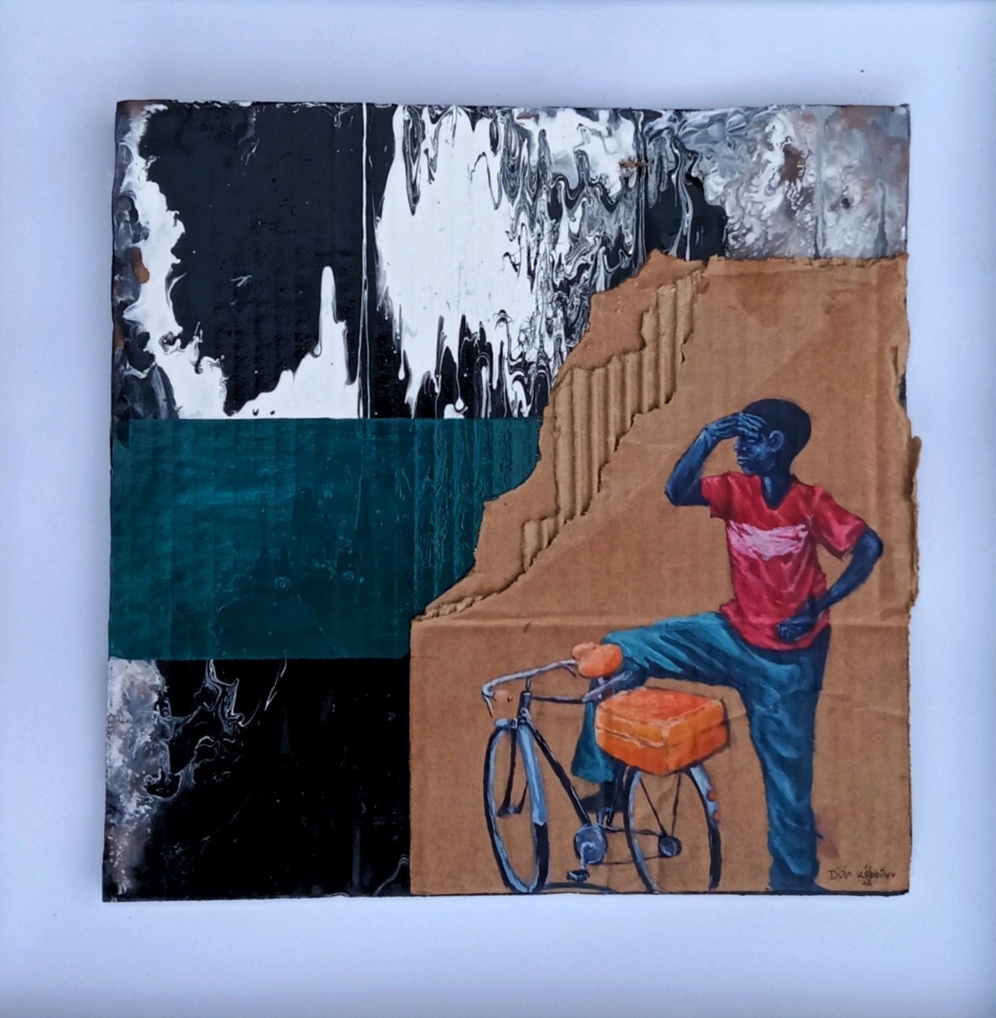 Acrylic painting on torn cardboard of a young man leaning against his bicycle shading his eyes, against a black-and-white marbled background with a teal band