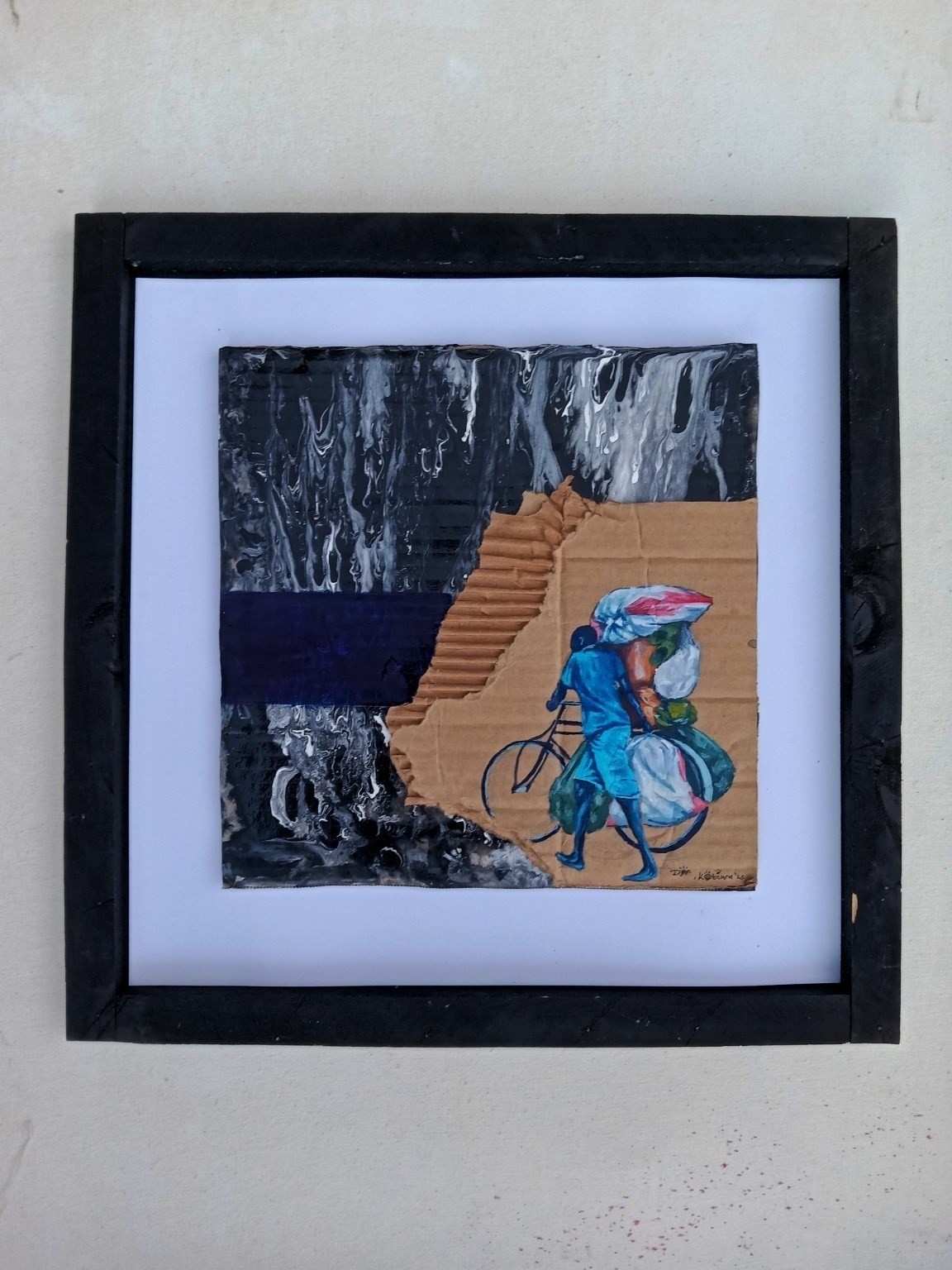 Acrylic painting on torn cardboard of a man pushing a bicycle loaded with sacks of vegetables, against a black-and-white marbled background