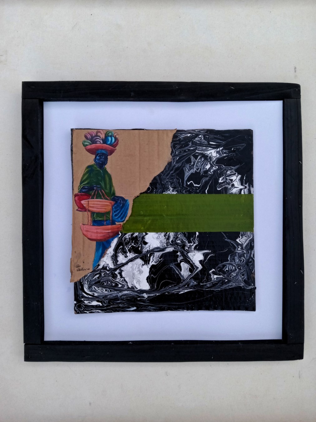 Acrylic painting on torn cardboard of a woman balancing a basket of fruit on her head while carrying baskets for sale, against a black-and-white marbled background