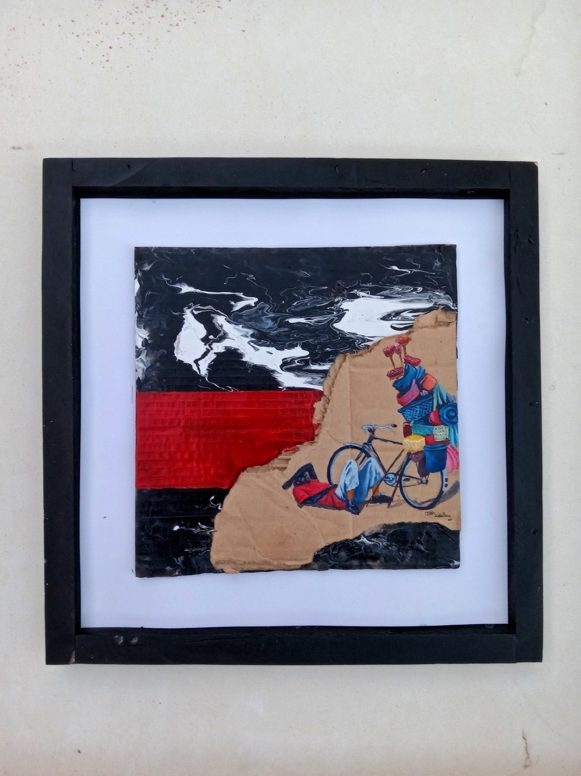 Acrylic painting on torn cardboard of a figure resting against a bicycle loaded with baskets, against a black-and-white marbled background with a red band
