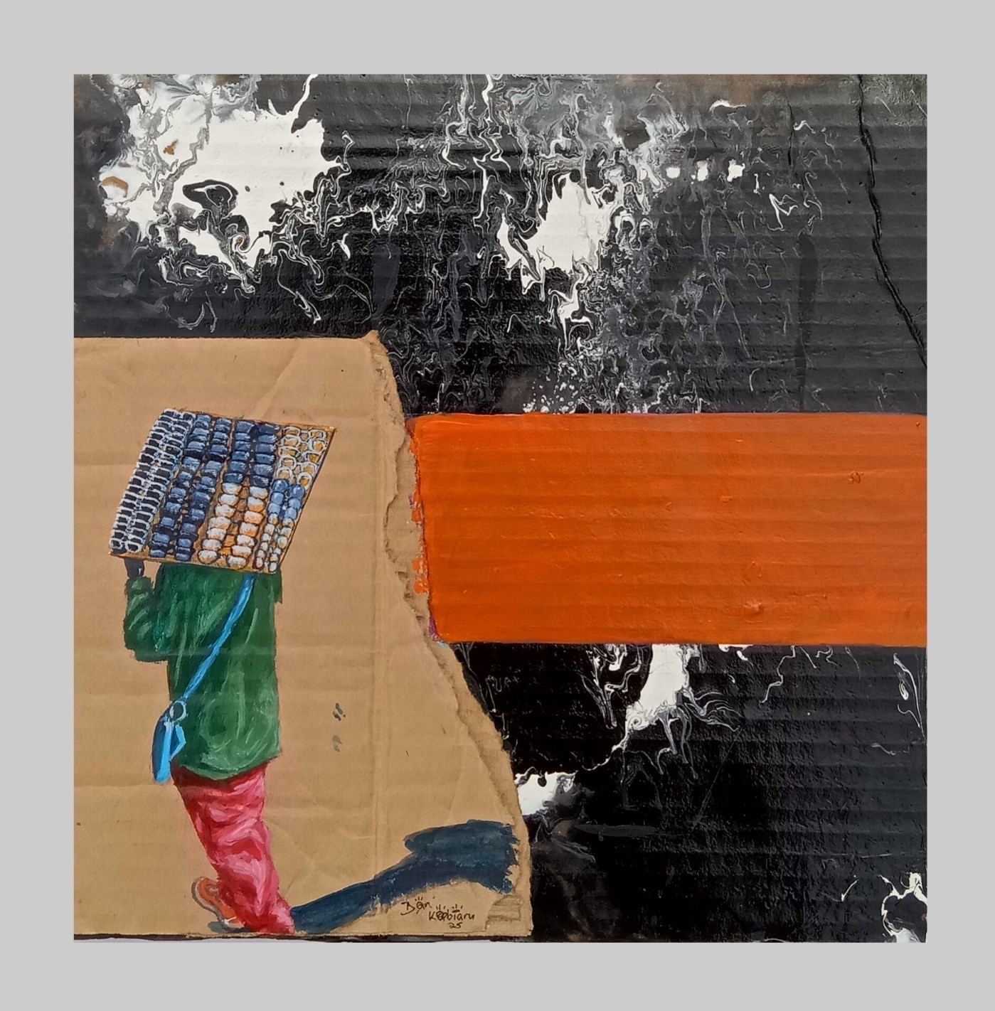 Acrylic painting on torn cardboard of a hawker carrying a display board of sunglasses on his head, against a black-and-white marbled background with an orange band